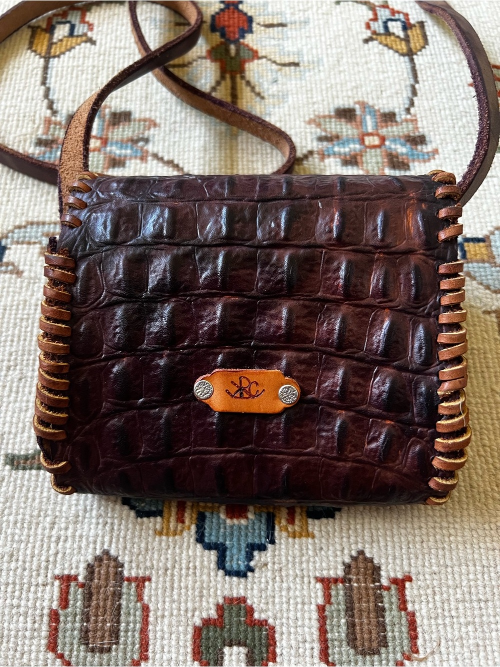 Leather Croc-Embossed Small Crossbody Bag in Dark Brown with Contrast Stitching